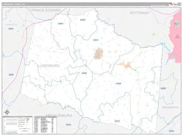 Lunenburg County, VA ZIP Code Wall Map, Classic style