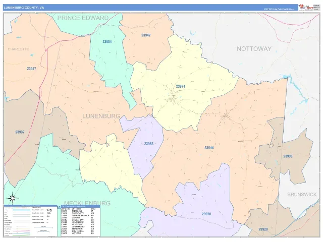 Lunenburg County, VA ZIP Code Wall Map, ColorCast style