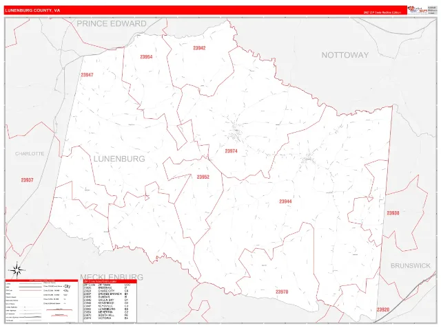 Lunenburg County, VA ZIP Code Wall Map, RedLine style
