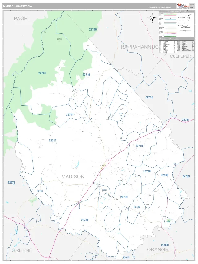 Madison County, VA ZIP Code Wall Map, Classic style