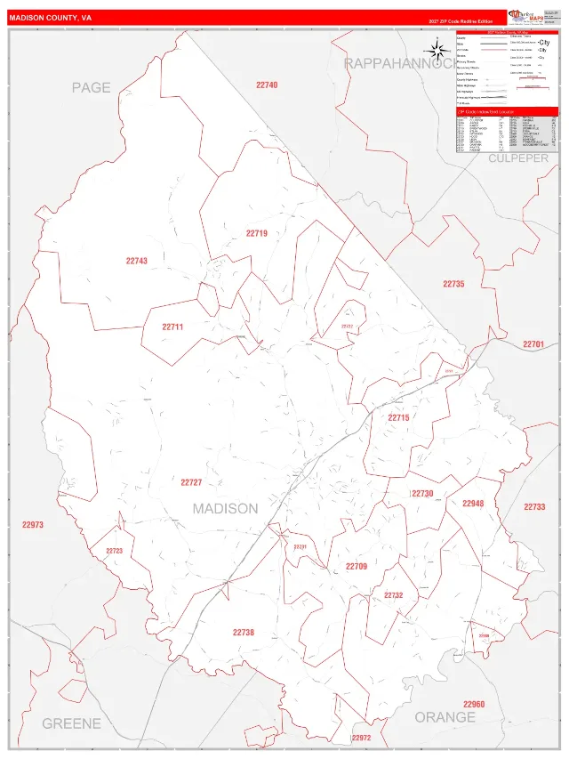 Madison County, VA ZIP Code Wall Map, RedLine style
