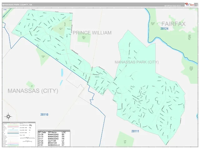 Manassas Park County, VA ZIP Code Wall Map, Classic style