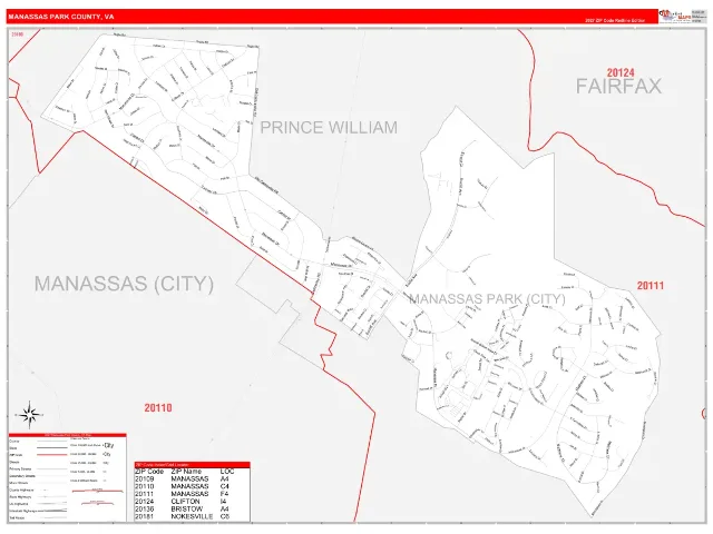 Manassas Park County, VA ZIP Code Wall Map, RedLine style