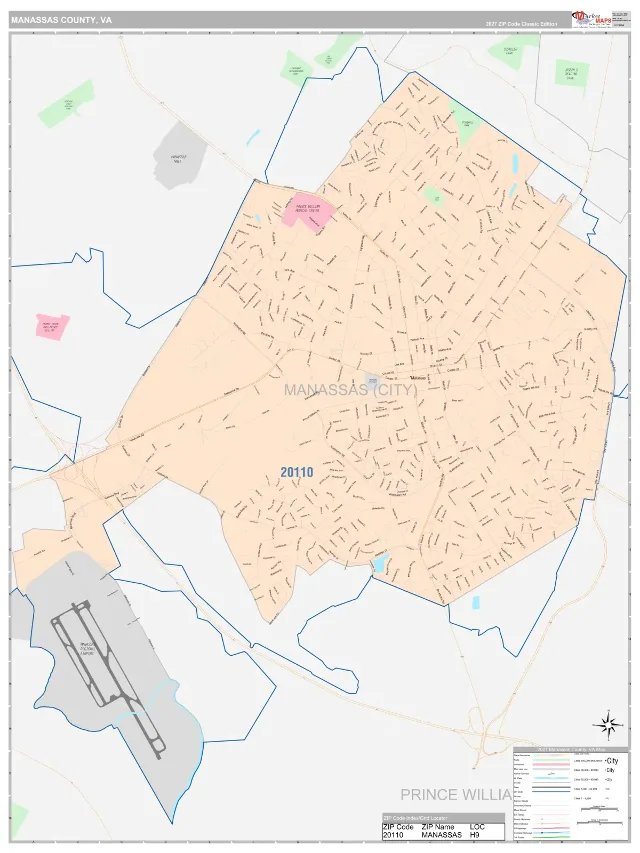 Manassas County, VA ZIP Code Wall Map, Classic style