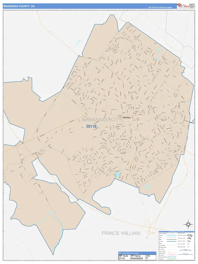 Manassas County, VA ZIP Code Wall Map, ColorCast style