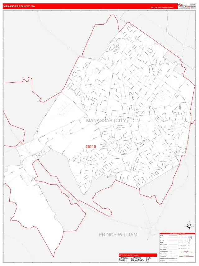 Manassas County, VA ZIP Code Wall Map, RedLine style