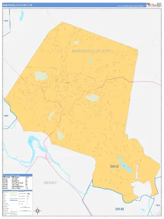 Martinsville County, VA Business Reference style ZIP Code wall map