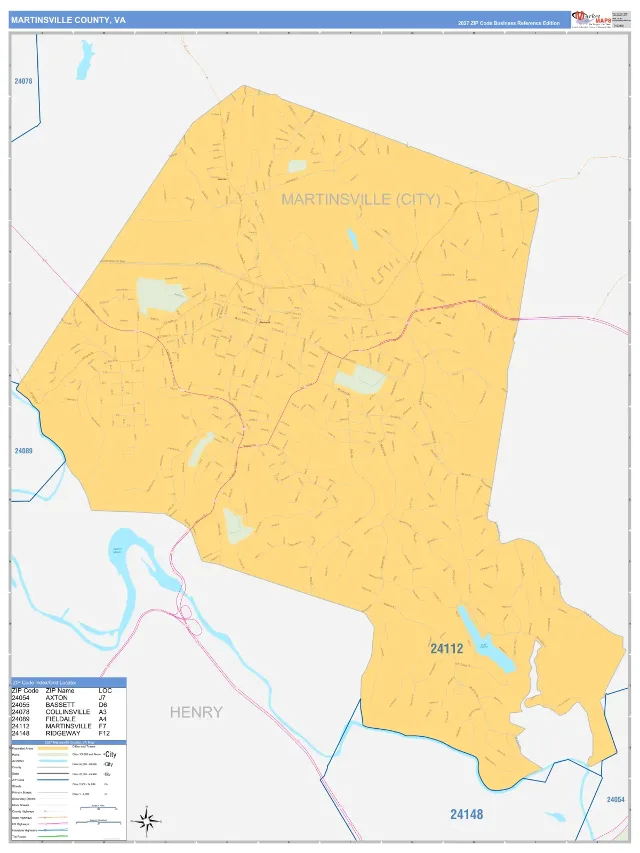 Martinsville County, VA ZIP Code Wall Map, Business Reference style