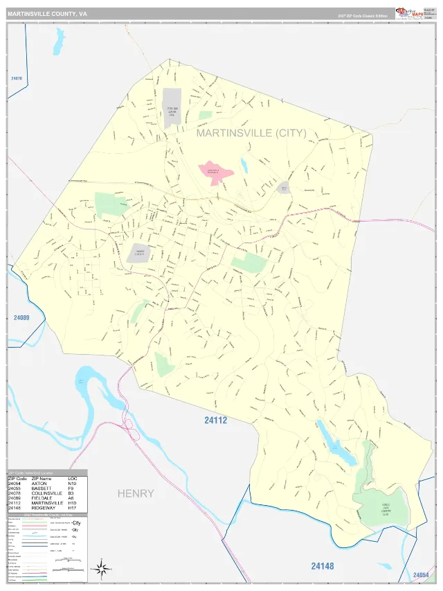 Martinsville County, VA ZIP Code Wall Map, Classic style