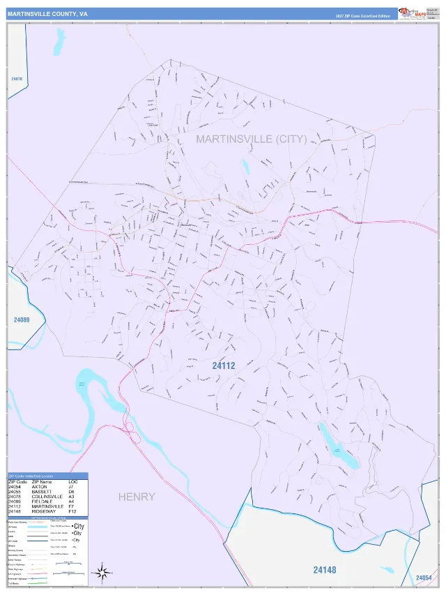 Martinsville County, VA ZIP Code Wall Map, ColorCast style
