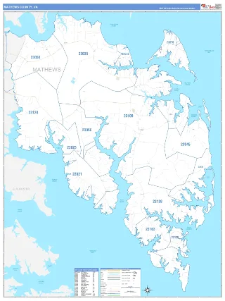 Mathews County, VA Business Reference style ZIP Code wall map