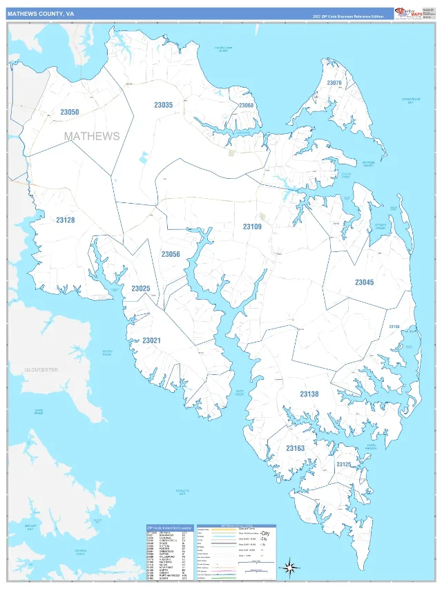 Mathews County, VA ZIP Code Wall Map, Business Reference style