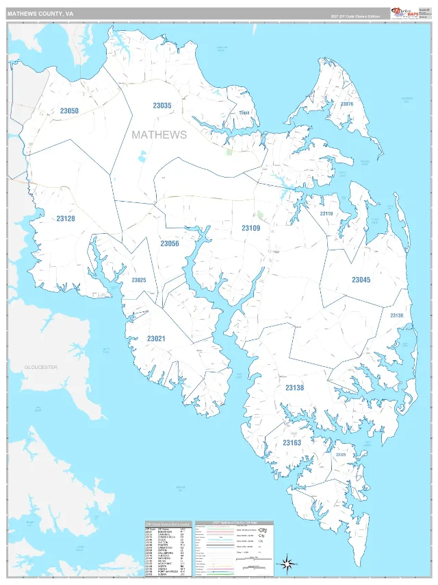 Mathews County, VA ZIP Code Wall Map, Classic style