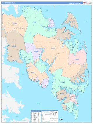 Mathews County, VA ColorCast style ZIP Code wall map