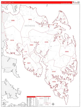 Mathews County, VA RedLine style ZIP Code wall map