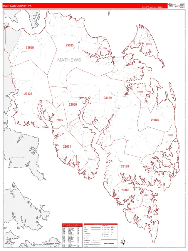Mathews County, VA ZIP Code Wall Map, RedLine style
