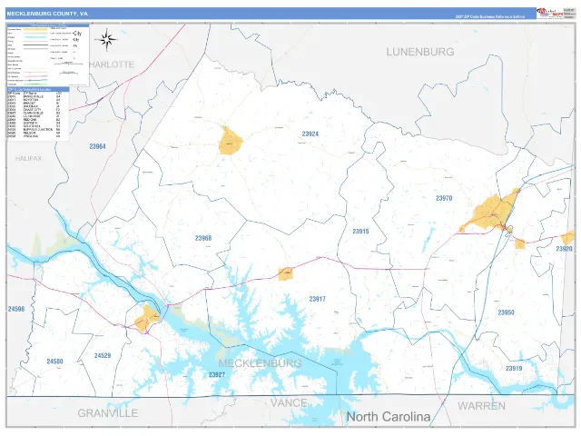 Mecklenburg County, VA ZIP Code Wall Map, Business Reference style