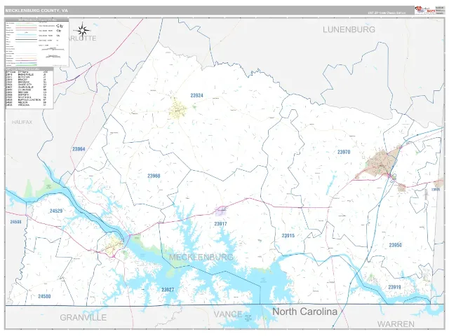 Mecklenburg County, VA ZIP Code Wall Map, Classic style