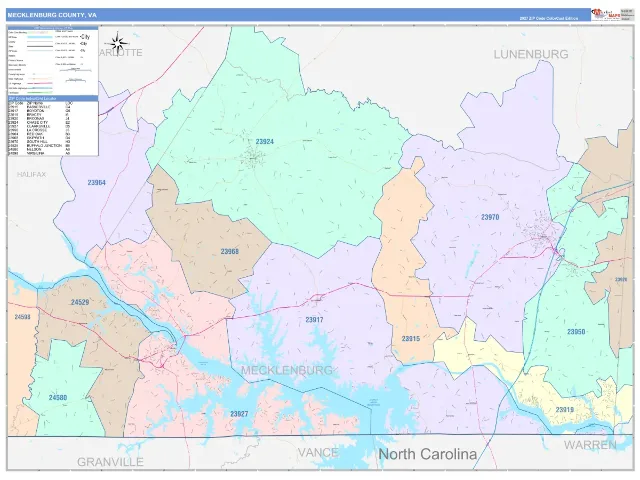 Mecklenburg County, VA ZIP Code Wall Map, ColorCast style
