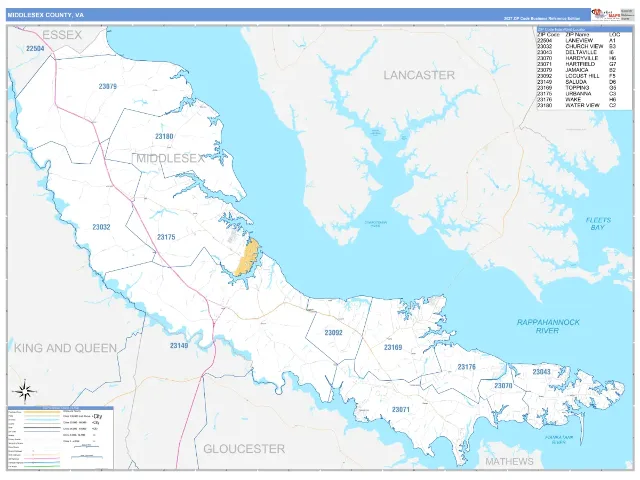 Middlesex County, VA ZIP Code Wall Map, Business Reference style