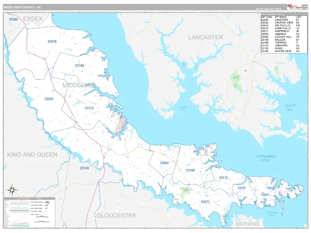 Middlesex County, VA ZIP Code Wall Map, Classic style