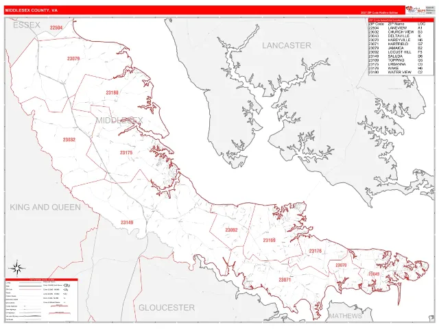 Middlesex County, VA ZIP Code Wall Map, RedLine style
