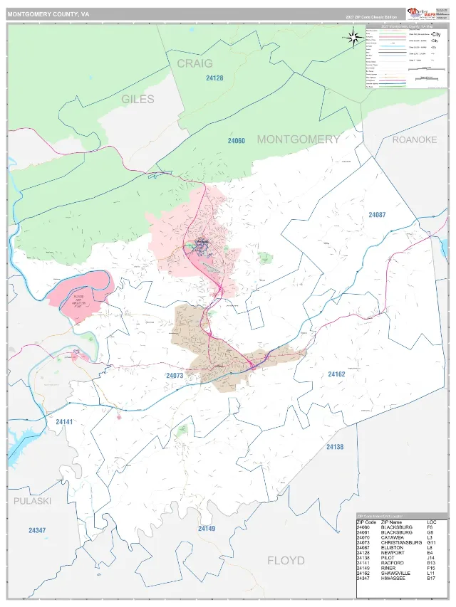 Montgomery County, VA ZIP Code Wall Map, Classic style