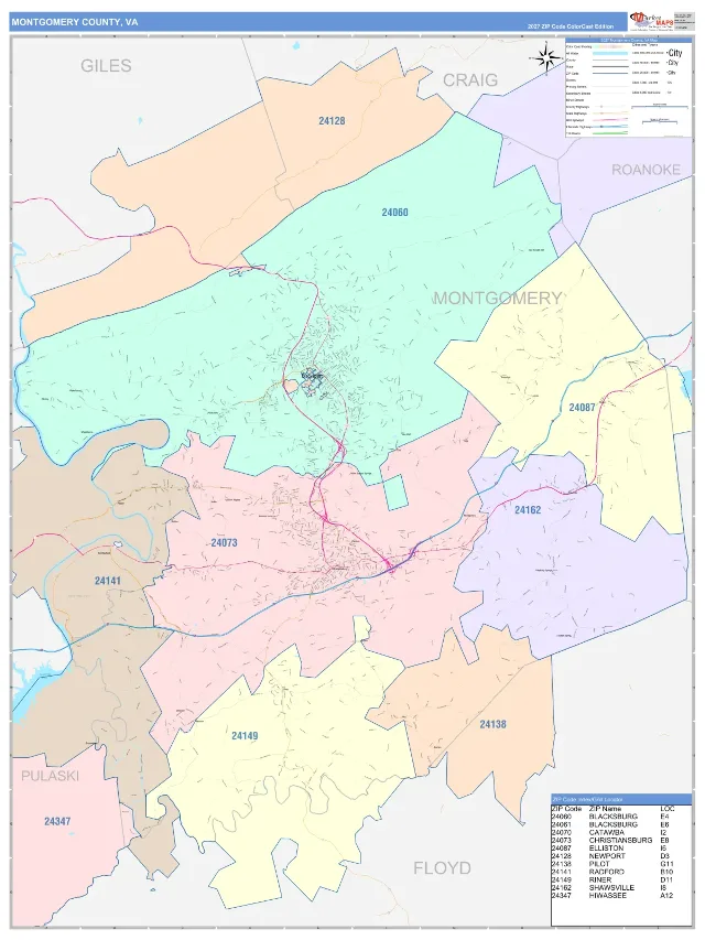 Montgomery County, VA ZIP Code Wall Map, ColorCast style