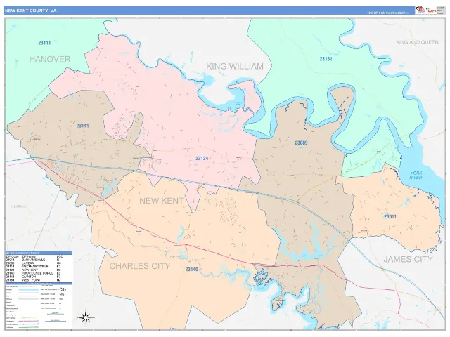 New Kent County, VA ZIP Code Wall Map, ColorCast style