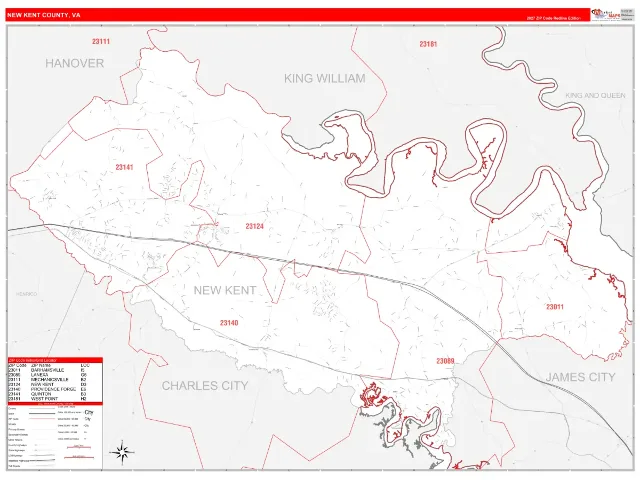 New Kent County, VA ZIP Code Wall Map, RedLine style