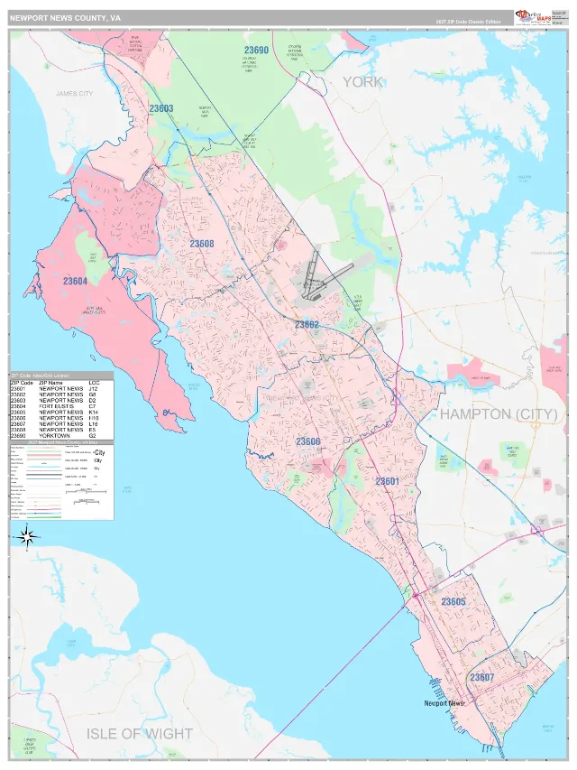 Newport News County, VA ZIP Code Wall Map, Classic style