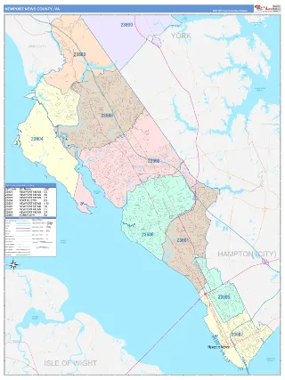 Newport News County, VA ColorCast style ZIP Code wall map