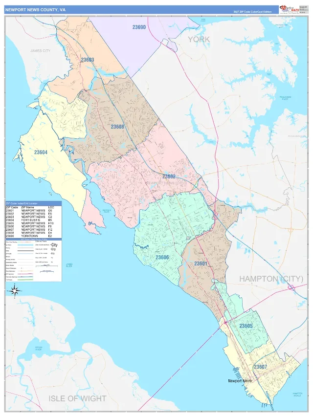 Newport News County, VA ZIP Code Wall Map, ColorCast style