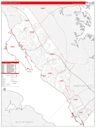 Newport News County, VA RedLine style ZIP Code wall map