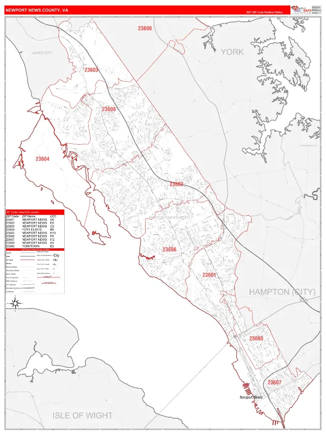 Newport News County, VA ZIP Code Wall Map, RedLine style