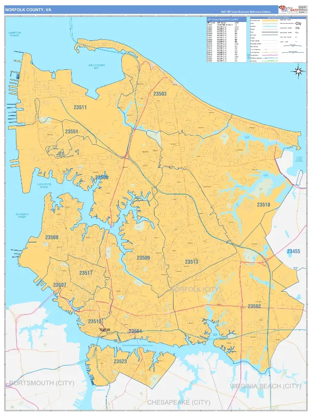Norfolk County, VA ZIP Code Wall Map, Business Reference style