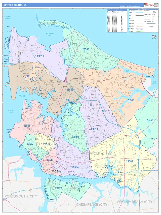 Norfolk County, VA ZIP Code Wall Map, ColorCast style