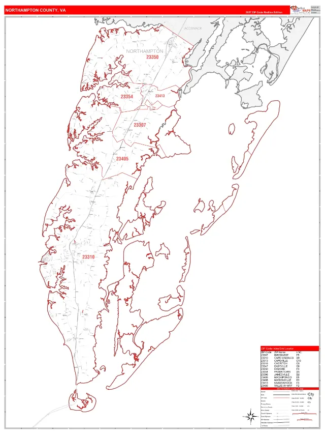 Northampton County, VA ZIP Code Wall Map, RedLine style