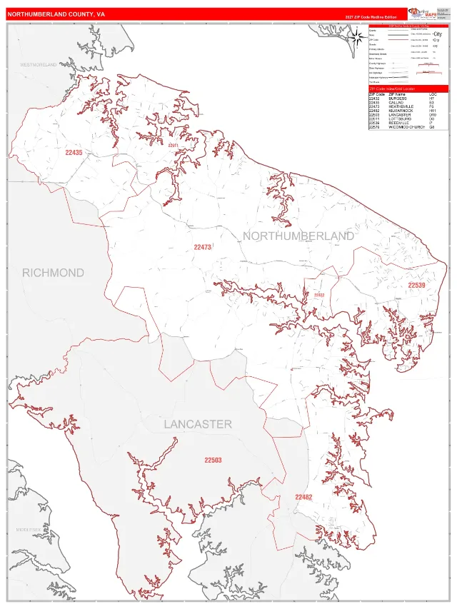 Northumberland County, VA ZIP Code Wall Map, RedLine style