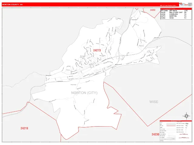 Norton County, VA ZIP Code Wall Map, RedLine style