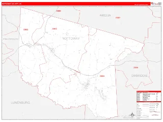 Nottoway County, VA RedLine style ZIP Code wall map