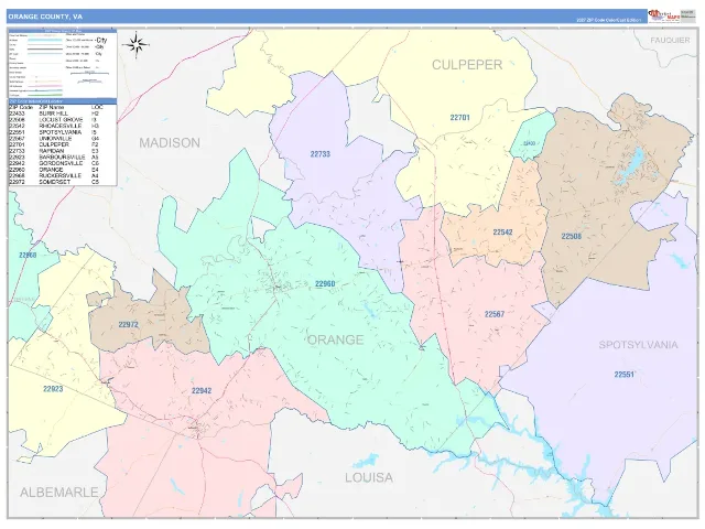Orange County, VA ZIP Code Wall Map, ColorCast style