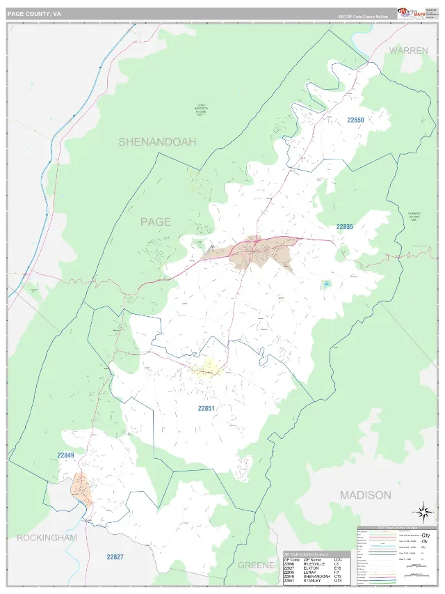 Page County, VA ZIP Code Wall Map, Classic style