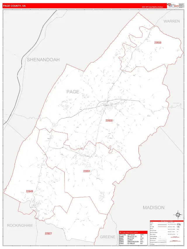 Page County, VA ZIP Code Wall Map, RedLine style