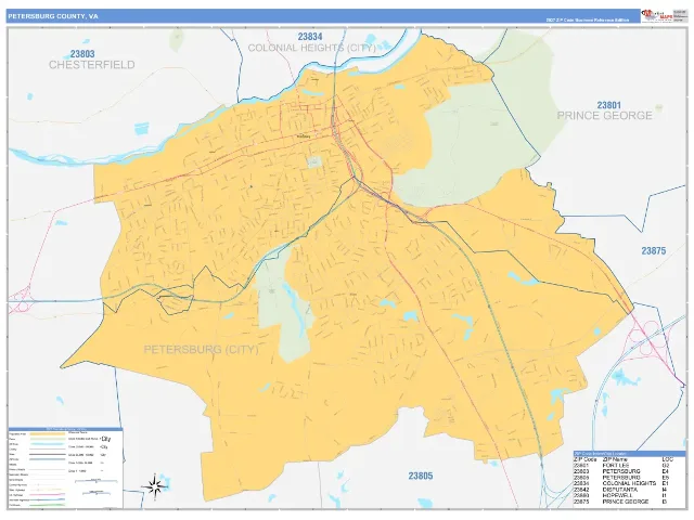 Petersburg County, VA ZIP Code Wall Map, Business Reference style