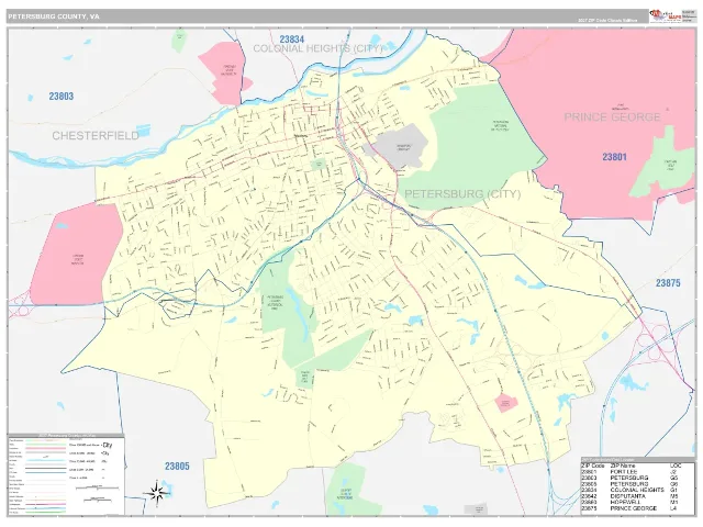 Petersburg County, VA ZIP Code Wall Map, Classic style