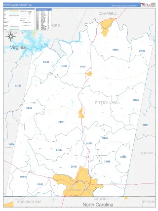 Pittsylvania County, VA Business Reference style ZIP Code wall map