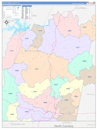 Pittsylvania County, VA ColorCast style ZIP Code wall map