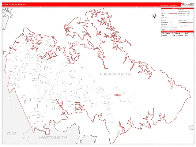 Poquoson County, VA ZIP Code Wall Map, RedLine style