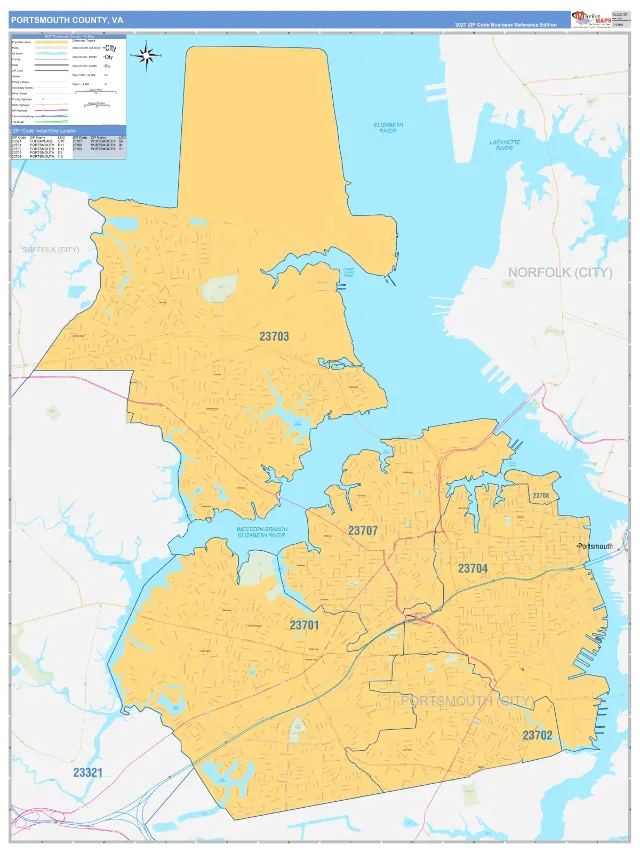 Portsmouth County, VA ZIP Code Wall Map, Business Reference style